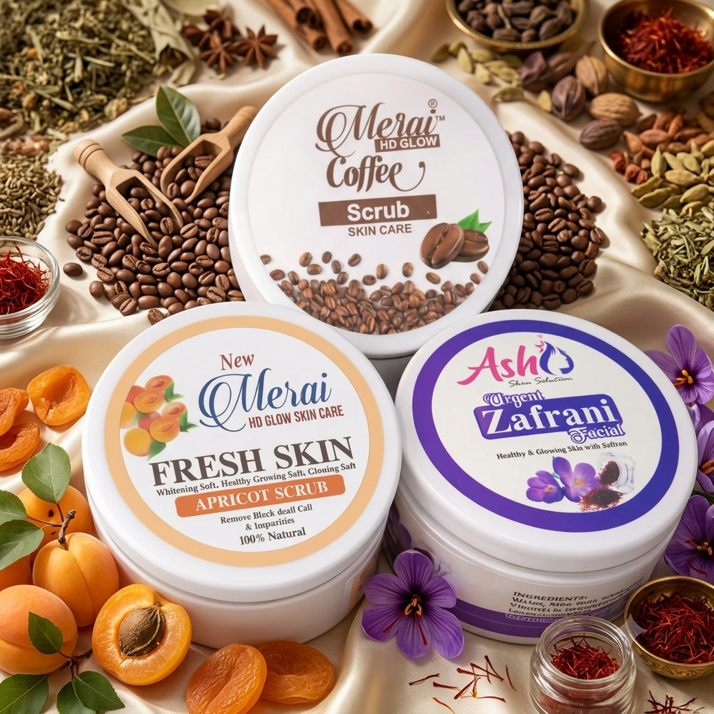 Gemini_Generated_Image_t6h3tet6h3tet6h3 Merai Coffee Scrub, Apricot Scrub, and Premium Zafrani Facial for healthy glowing skin.